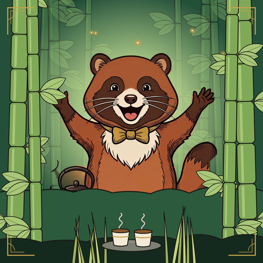 Bamboo Grove: the tanuki with two cups, a bamboo grove
