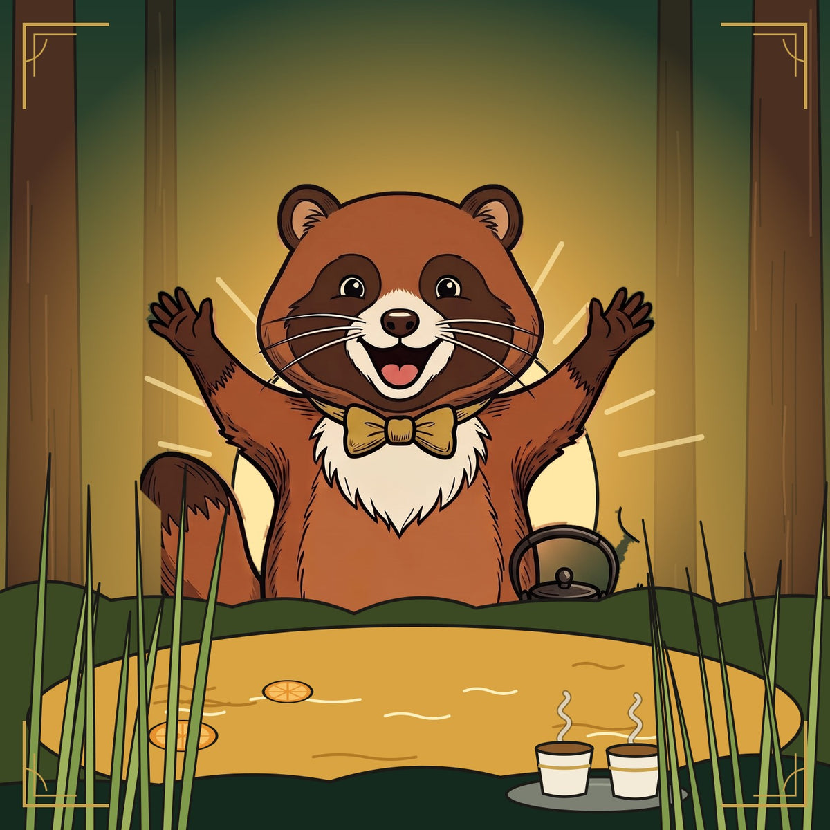 Golden Pond: the tanuki with two cups, a gold pond at sunrise