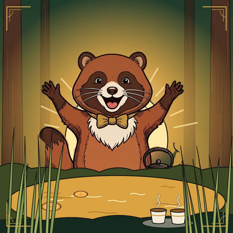 Golden Pond: the tanuki with two cups, a gold pond at sunrise