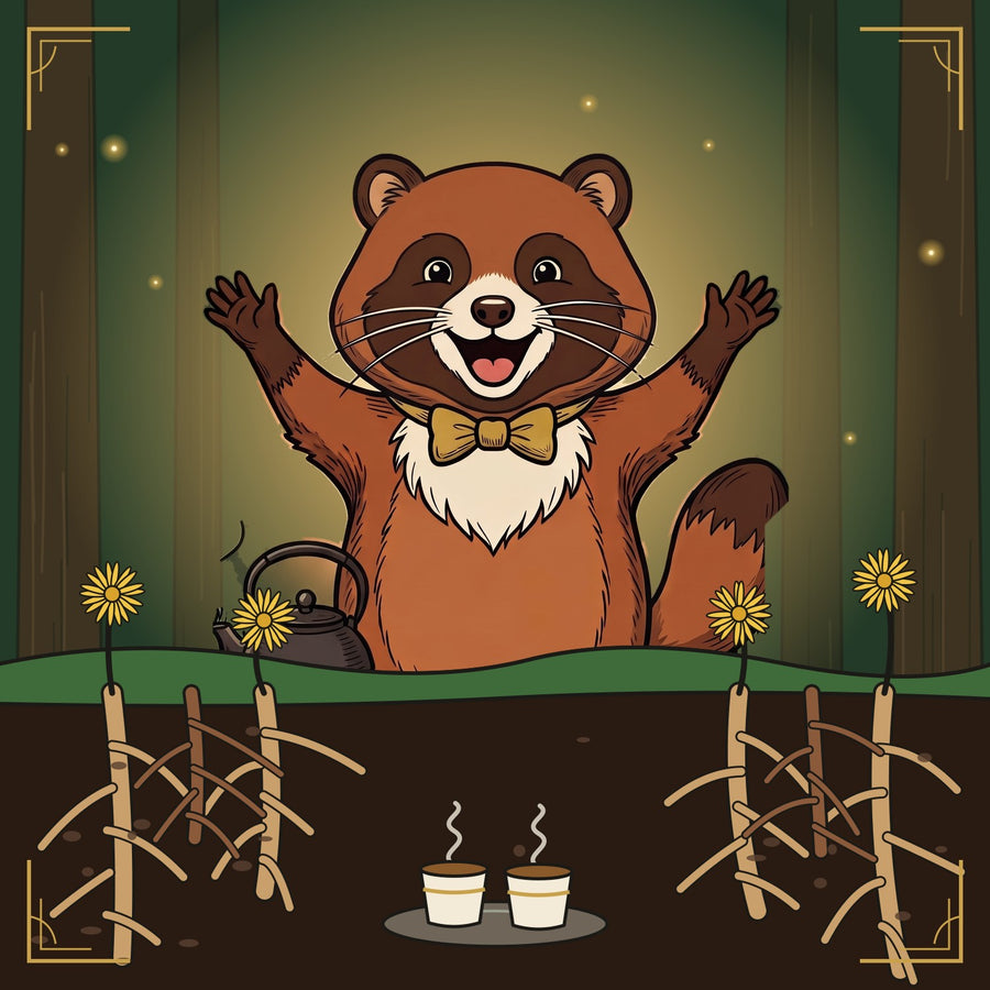 Iron Root: the tanuki with two cups, dandelions with their roots below the soil
