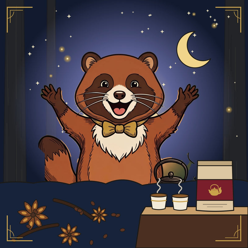 Midnight Mischief: the tanuki with two cups, a night sky and a pouch on a doorstep