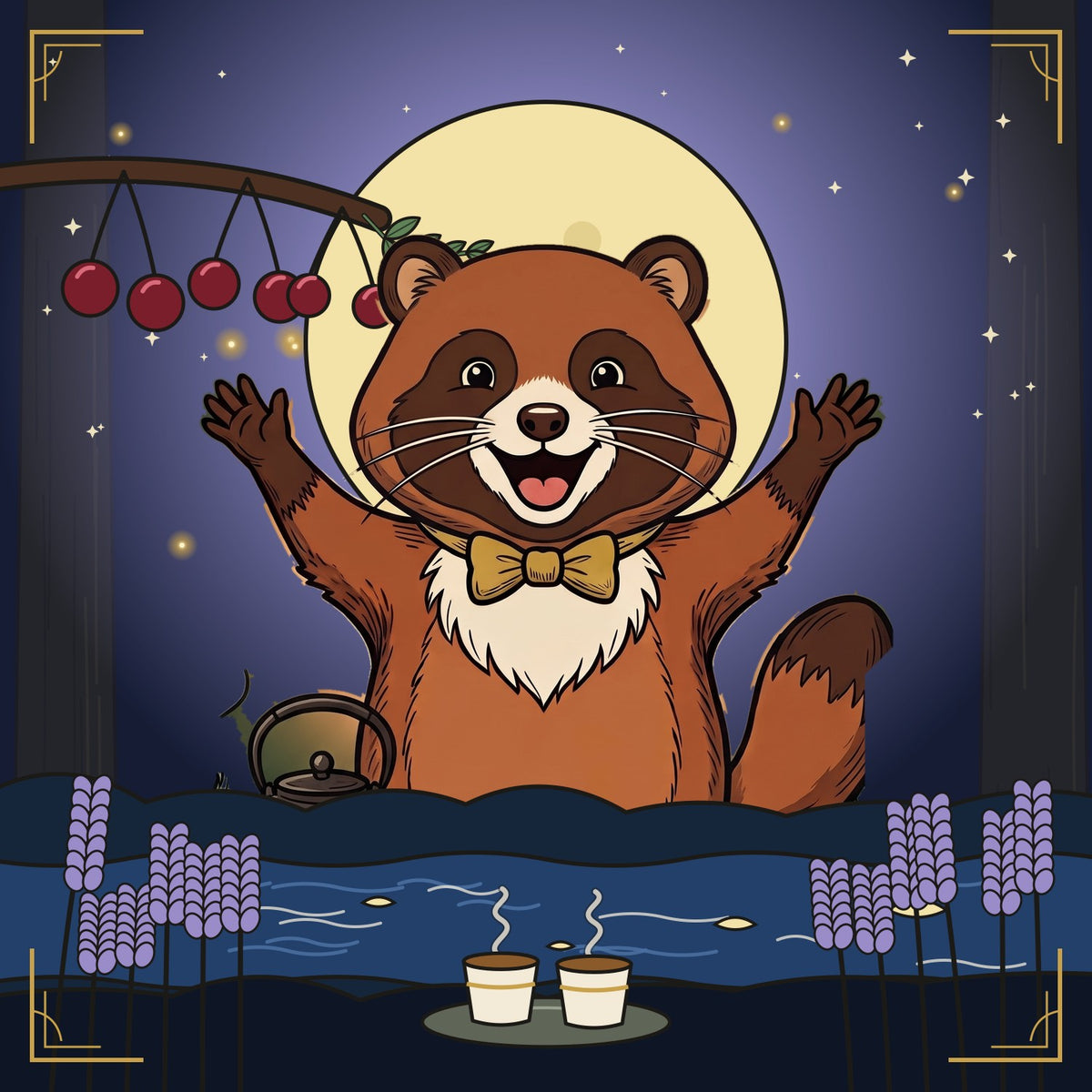 Moonfall: the tanuki with two cups, a full moon, cherries and lavender