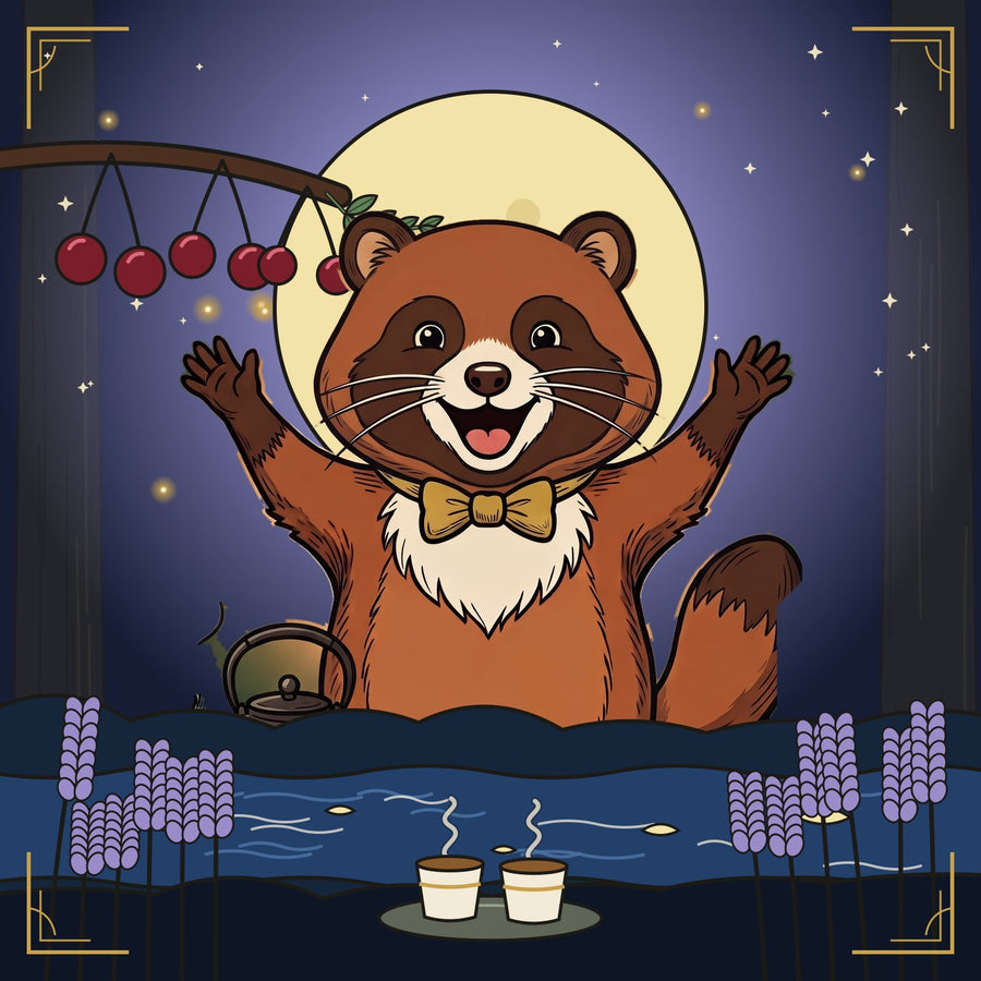 Moonfall: the tanuki with two cups, a full moon, cherries and lavender
