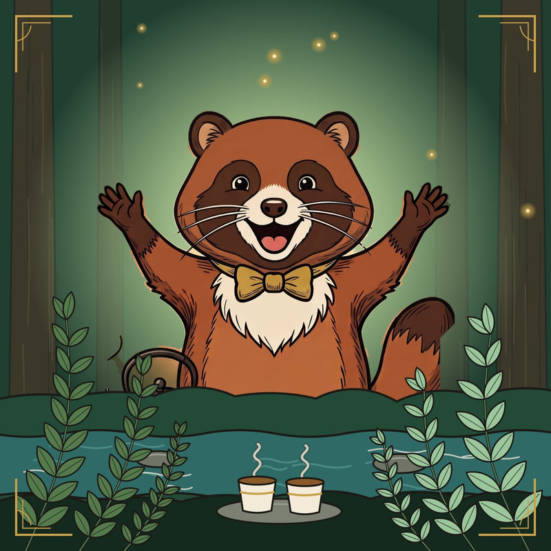 NettleMint: the tanuki with two cups, nettle and mint on a stream bank