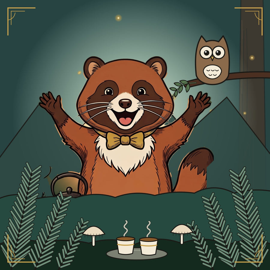 Sage Mind: the tanuki with two cups, an owl on a branch and rosemary