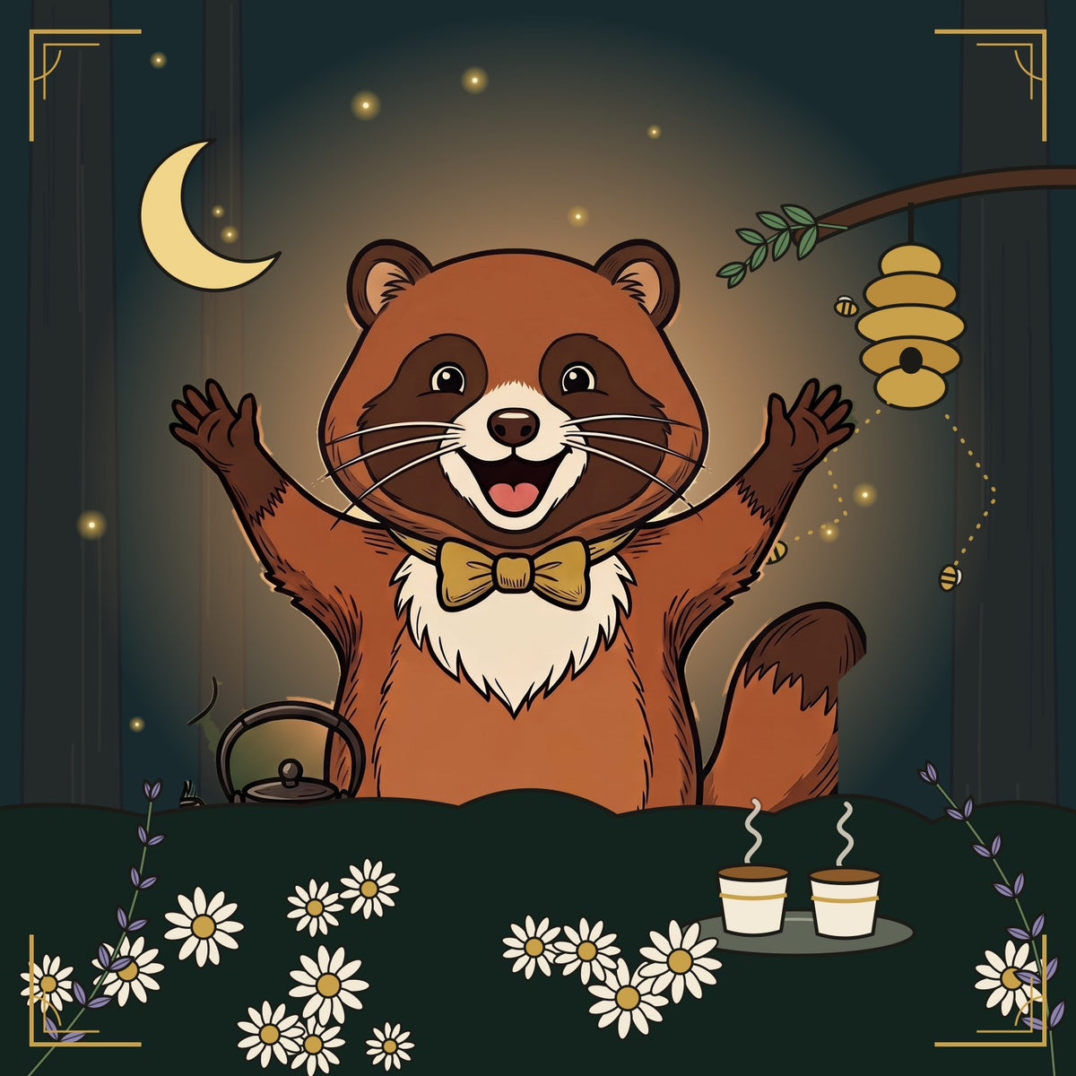Sweet Zzzeees: the tanuki with two cups, a hive, bees and chamomile at dusk