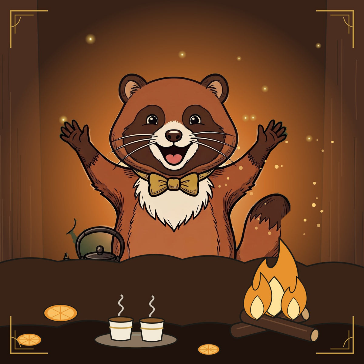 The Hearth Blend: the tanuki with two cups, a fire and orange slices
