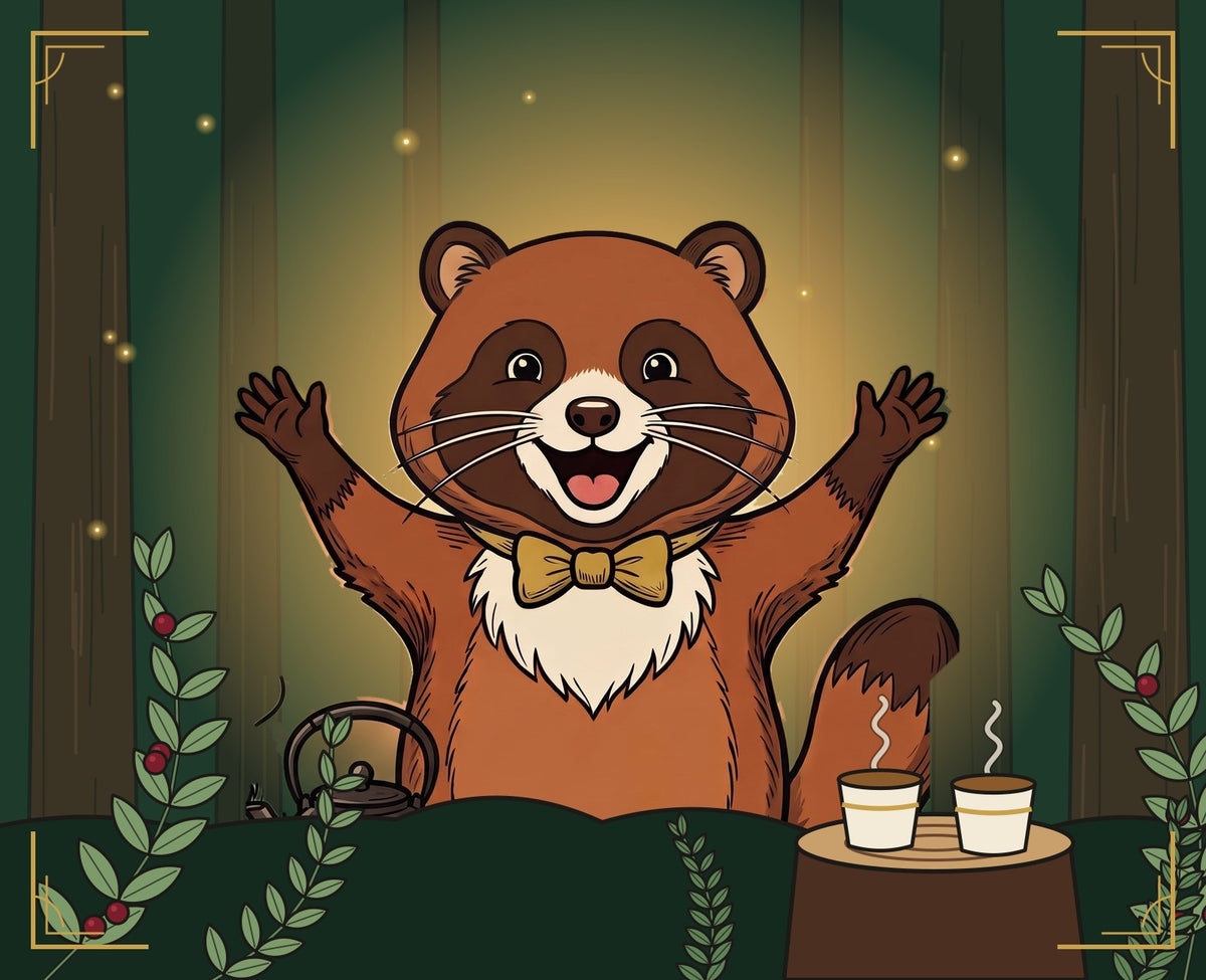 The tanuki in the redwoods with a kettle and two cups
