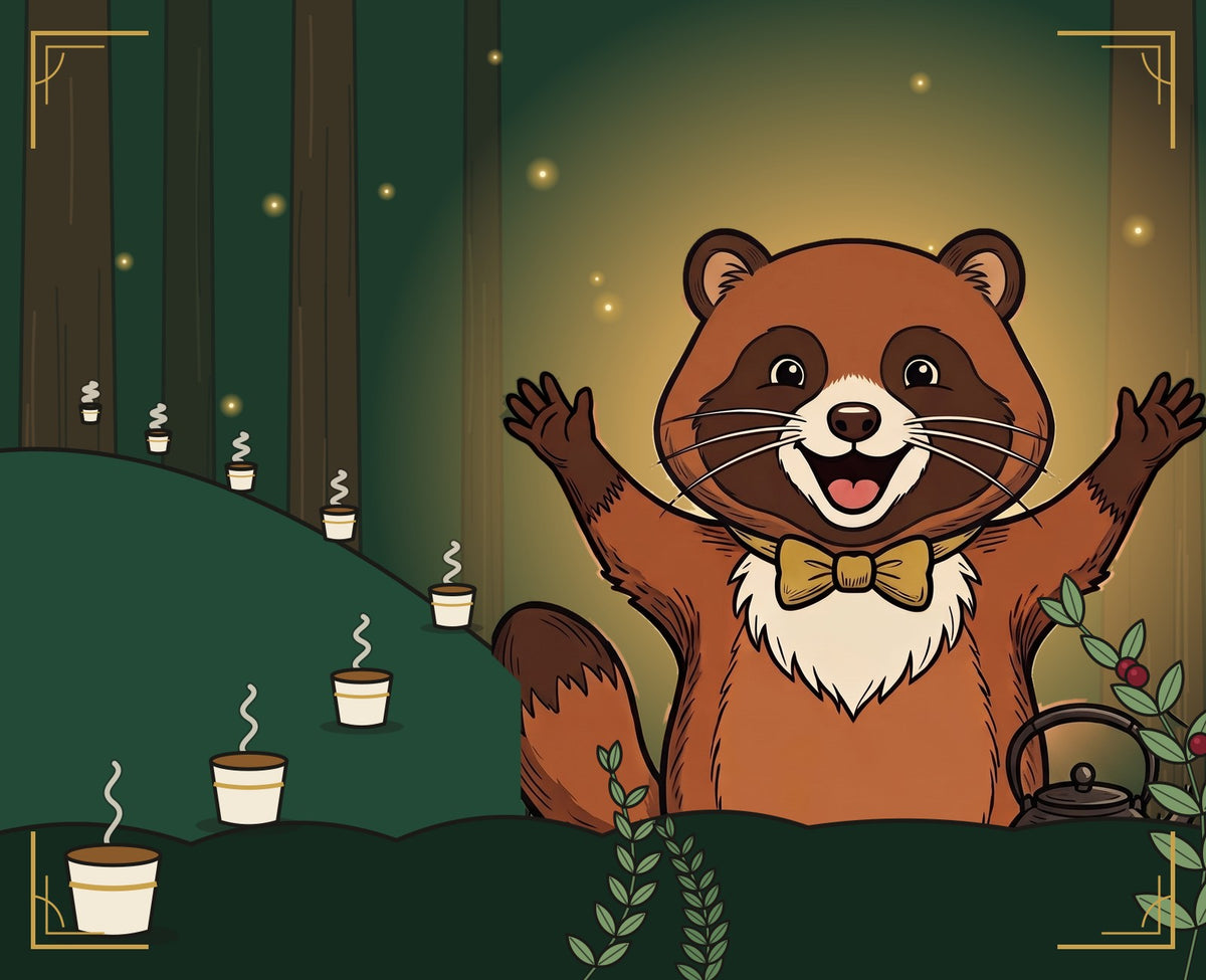 The tanuki beside a path of cups through the forest