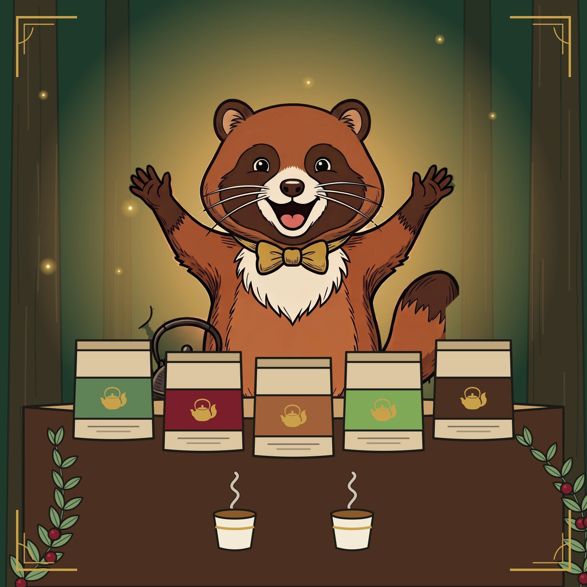 The tanuki with three pouches tied with a ribbon